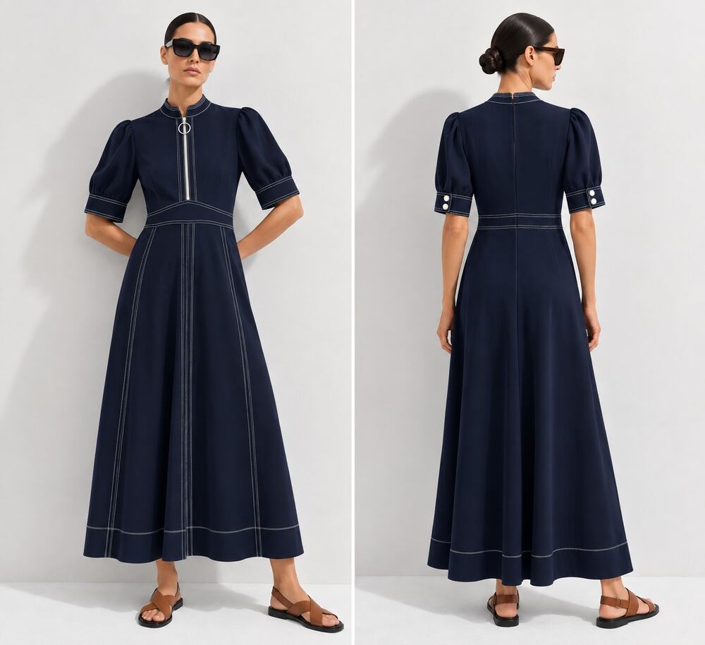 EUC ME+EM Contrast Stitch Midi Dress Navy Blue White Fit & Flare Women's 6